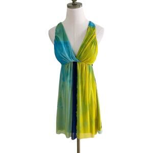 Vintage 90s/Y2K Vivienne Tam Blue & Yellow Halter Sun Dress Women's Sz Small EUC